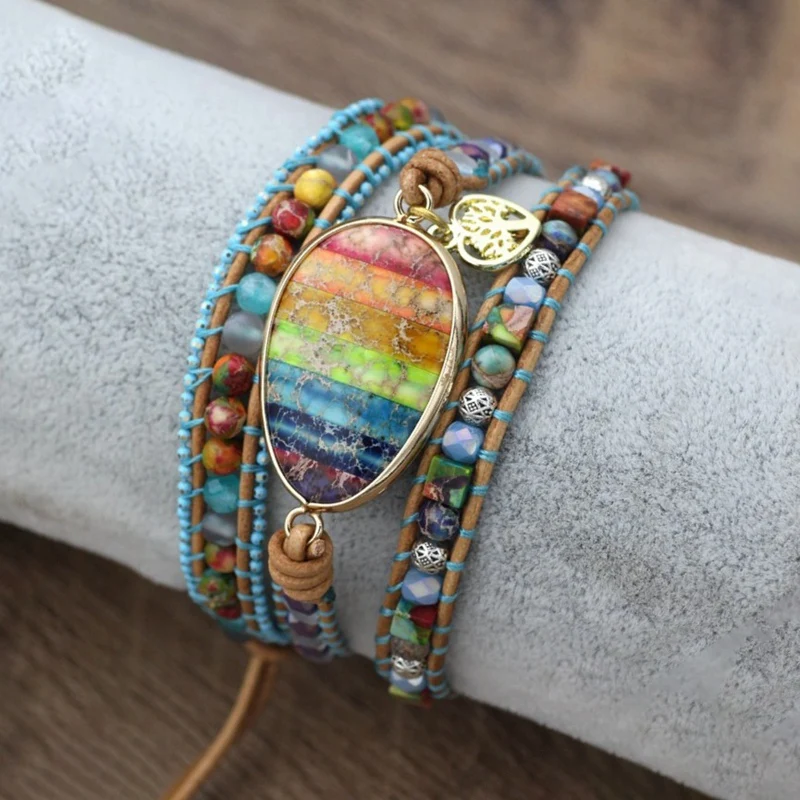 

Fashion Bohemian Bracelets Multilayers Women Leather Wrap Bracelets Jaspers Beaded Woven Bracelet Jewelry