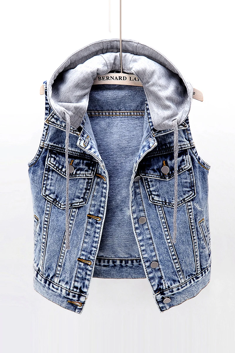 

New Arrival 2021 Casual Hooded Denim Vest For Women Slim Short Sleeveless Jacket Coat Clothes Jeans Vest Waistcoat Tops Female