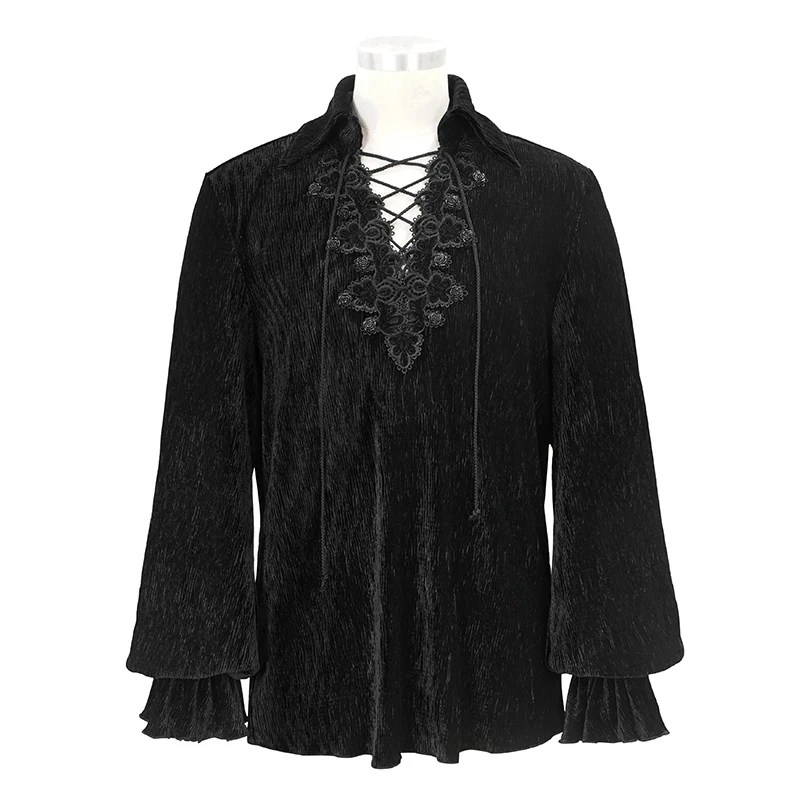 

Vintage Men Shirts Male Blouse Gothic Black Solid Color Mens Top V Neck Men Clothing Long Sleeve Shirt