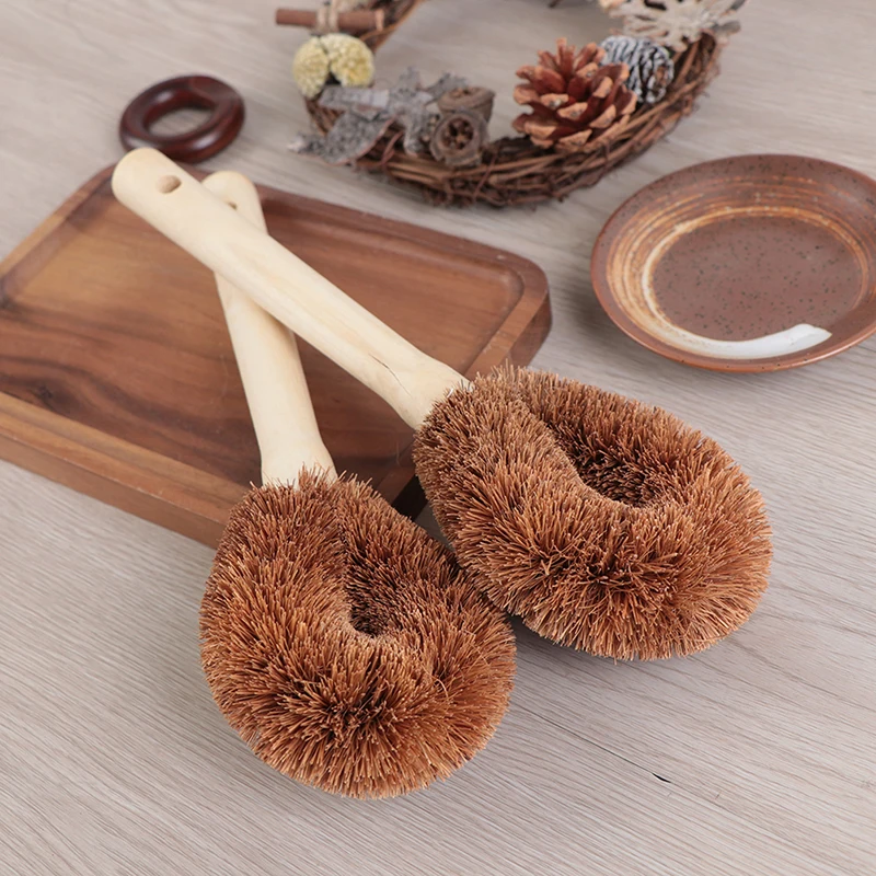 Natural Coconut Brown Non-stick Oil Long Handle Pot Brush Flat Wash Cleaning Can Hang Type Dish | Дом и сад