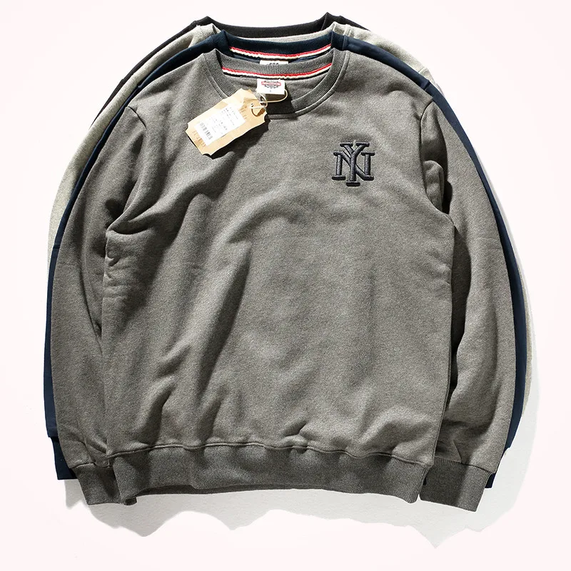 

American Retro Letter Embroidery Hoodies Men's Pure Cotton Washed Round Neck Pullover Knitted Long-sleeved Casual Sweatshirts