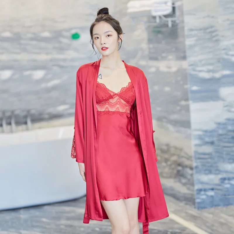 

Robe&Nightgown Suit Women Sexy Sleepwear Satin Two Pieces Kimono Gown Bathrobe Soft Intimate Lingerie Lace Trim Home Wear