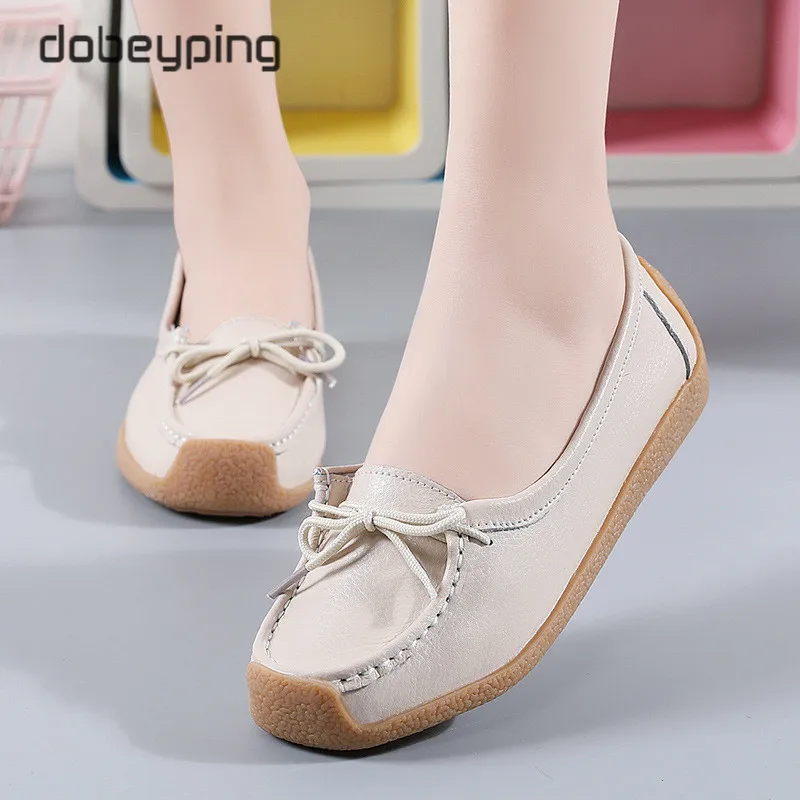 New Autumn Women's Shoes Real Leather Woman Shoe Lace-Up Female Loafers Cutout Ladies Ballet Flats Moccasins Walking Footwear
