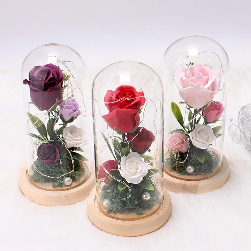 

Artificial Eternal Rose LED Light Beauty The Beast In Glass Cover Christmas Home Decor for Mother Valentines Day New Year Gift