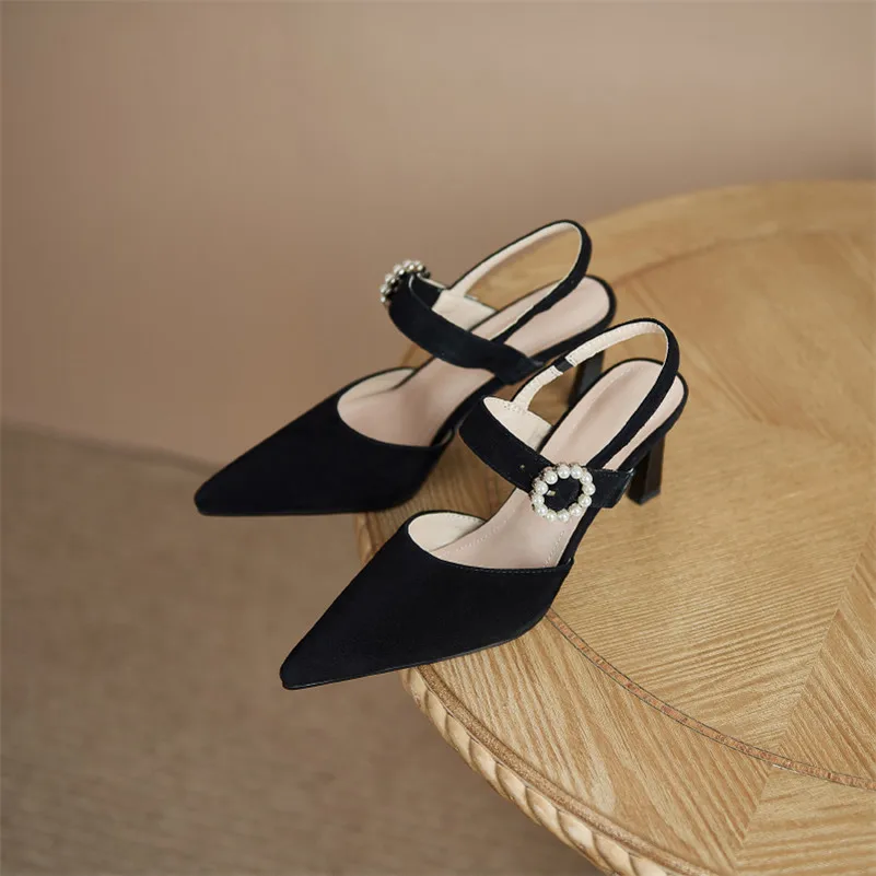 

Meotina Pointed Toe Slingbacks Shoes Women Real Leather High Heels Kid Suede Thin Heel Pumps Pearl Buckle Female Footwear Black