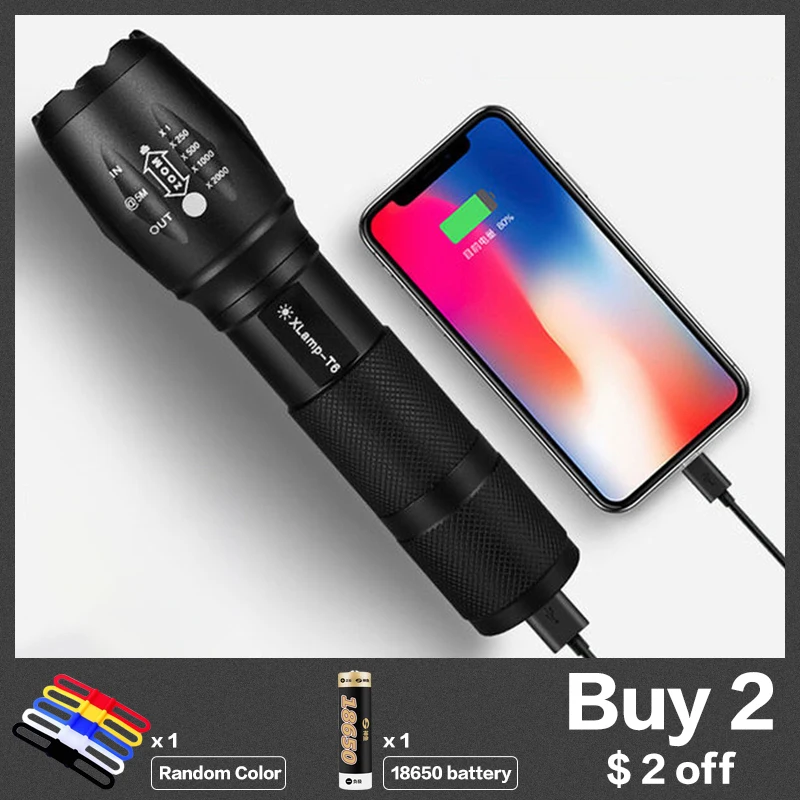 LSL LED Outdoor Waterproof Flashlight Portable USB Rechargeable T6 Tactical Hand Torch With Mobile Power for Camping Fishing