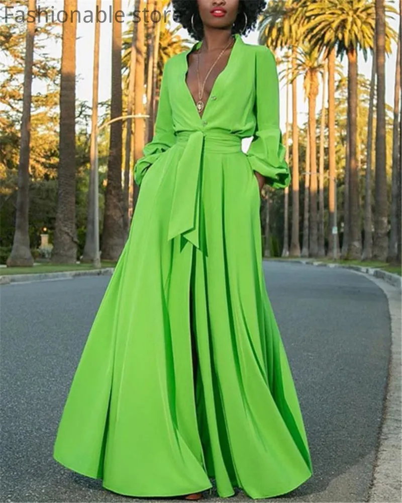 

Платье-макси с V-образным вырезом и длинным рукавом