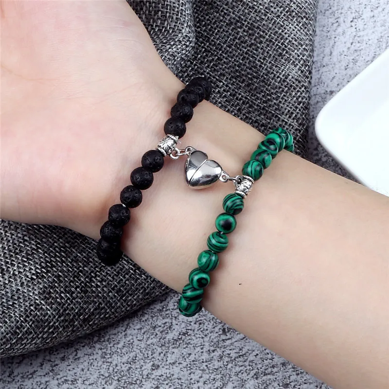 Магнитный браслет 2 шт./компл. 6 мм натуральные черные лавовые камни бусины сердце