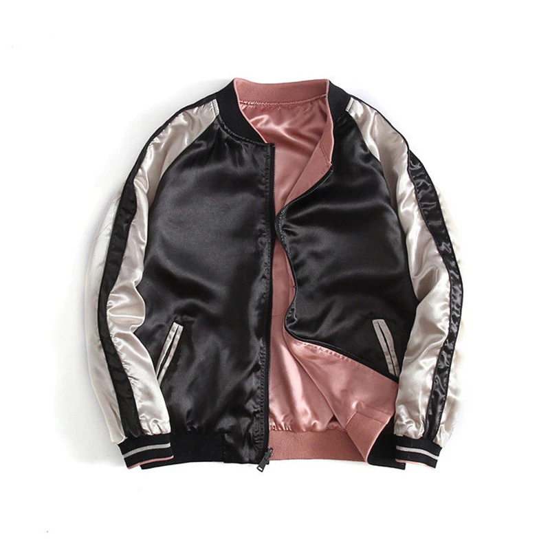 Куртка бомбер женская с вышивкой атласная бейсбольная верхняя одежда