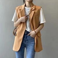office lady solid spring single breasted sleeveless women vests white middle length loose fashion pockets blue female tops