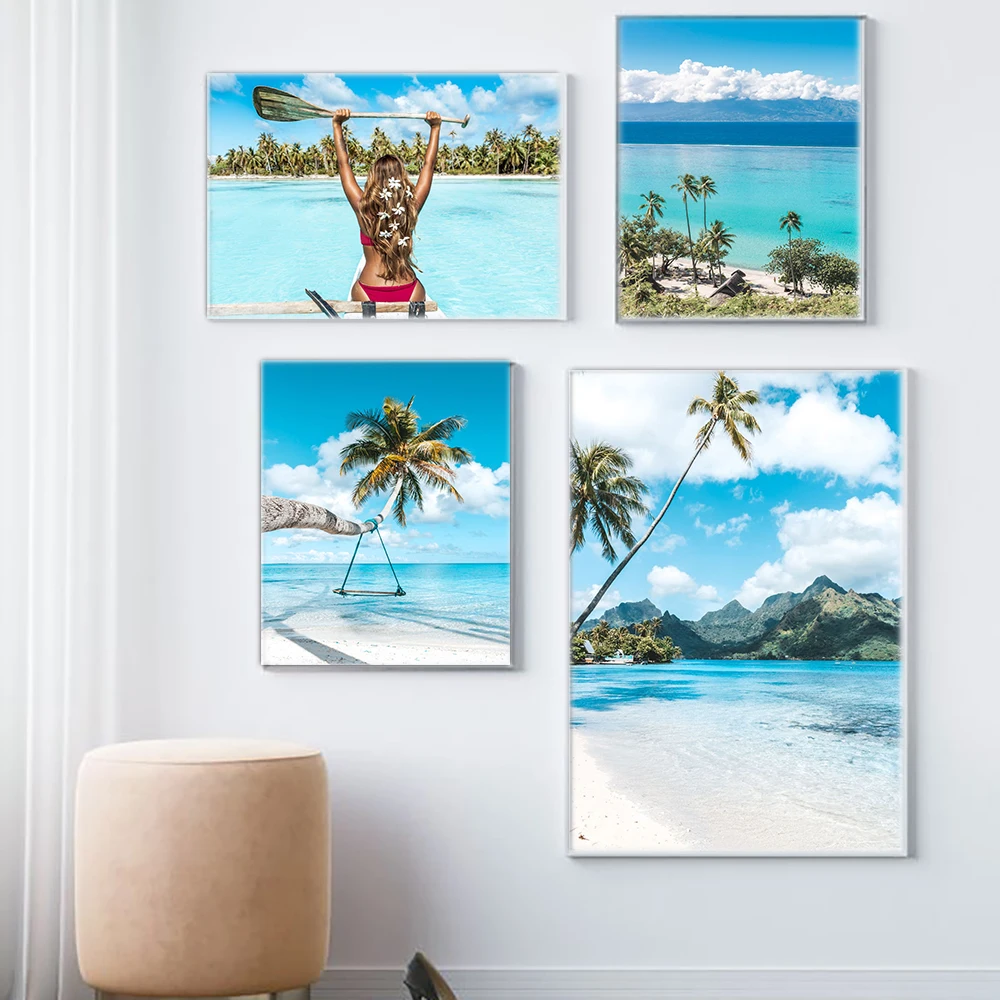 

Плакаты и принты на холсте с изображением морского пляжа и острова, с изображением синего тропического пейзажа, скандинавские картины с кок...