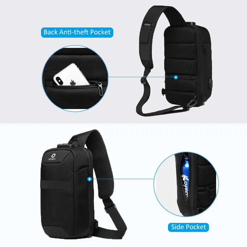 OZUKO Men Anti-theft Crossbody Bags Male Oxford Waterproof USB Charging Chest Pack Sling Bag Short Trip Messenger Shoulder |