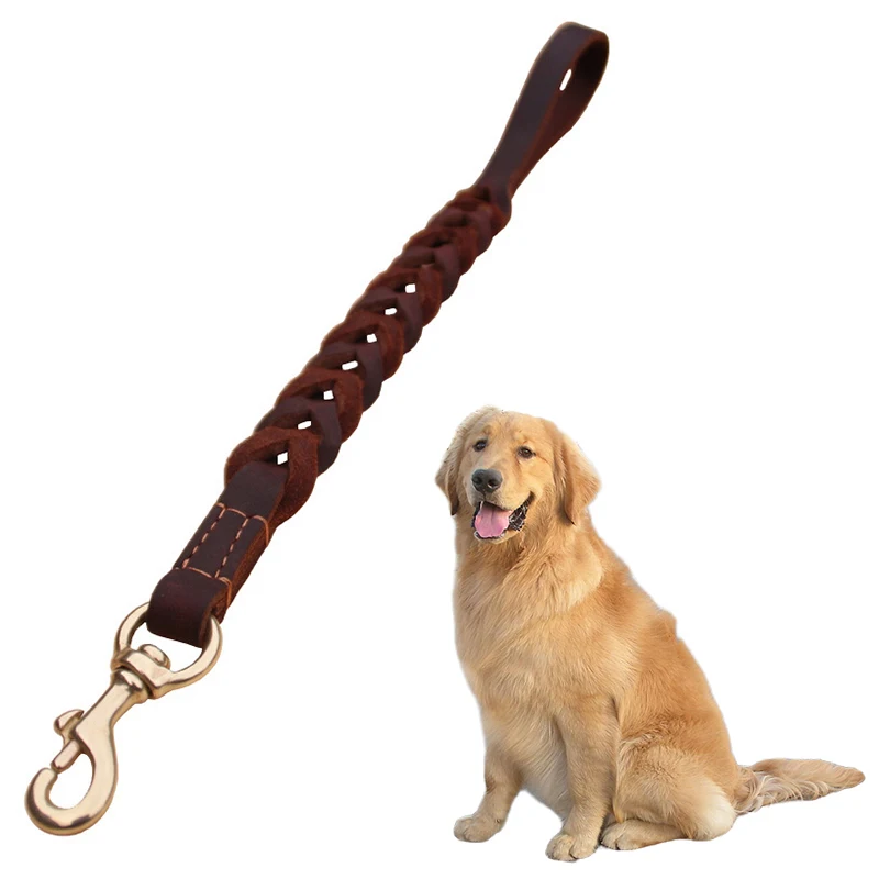 

Dog Leash Short lead Braided Real Leather One step traction belt Explosion-proof Walking Training Lead for Medium Large Big Dogs