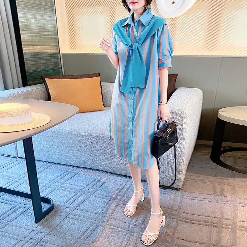 

The New Female Leisure Stripe Dress Cape Temperament Blue Skirt in the Summer of Stitching Shirt Skirt