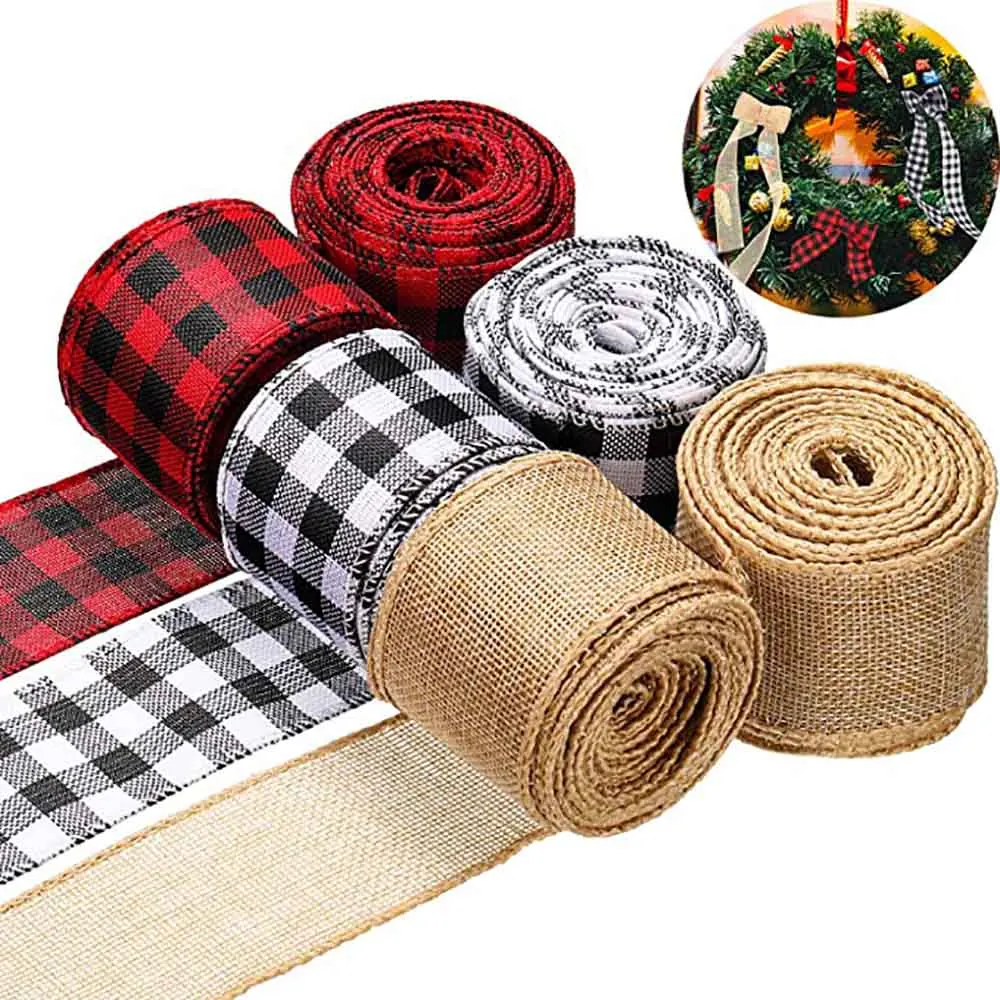 6m/Roll Wired Edge Ribbon Black Red Beige Plaid Ribbon Red Brown Burlap Ribbon for DIY Wrapping Wedding Crafts Decoration