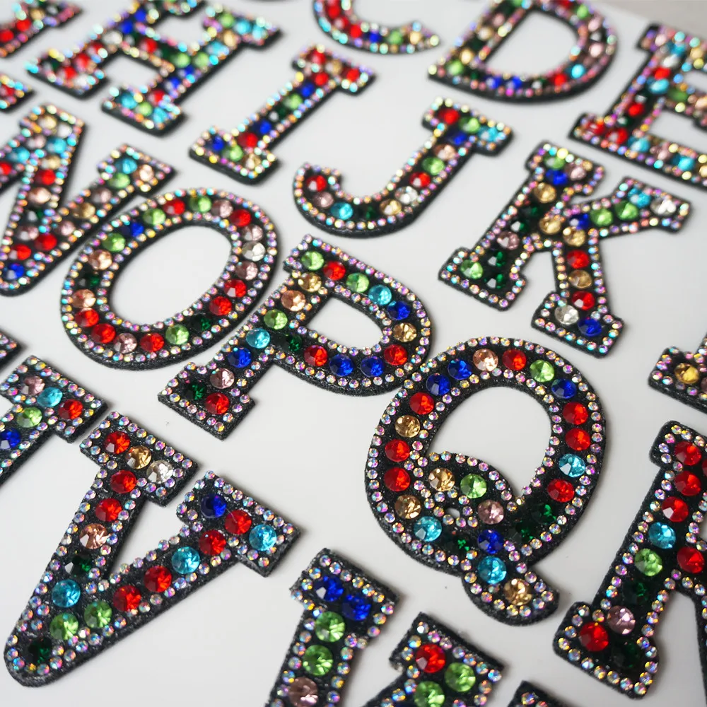 

A-Z Colorful Rhinestone English Letter Alphabet Sew Iron On Patch Badges 3D Handmade Letters Patches Bag Hat Jeans Applique DIY