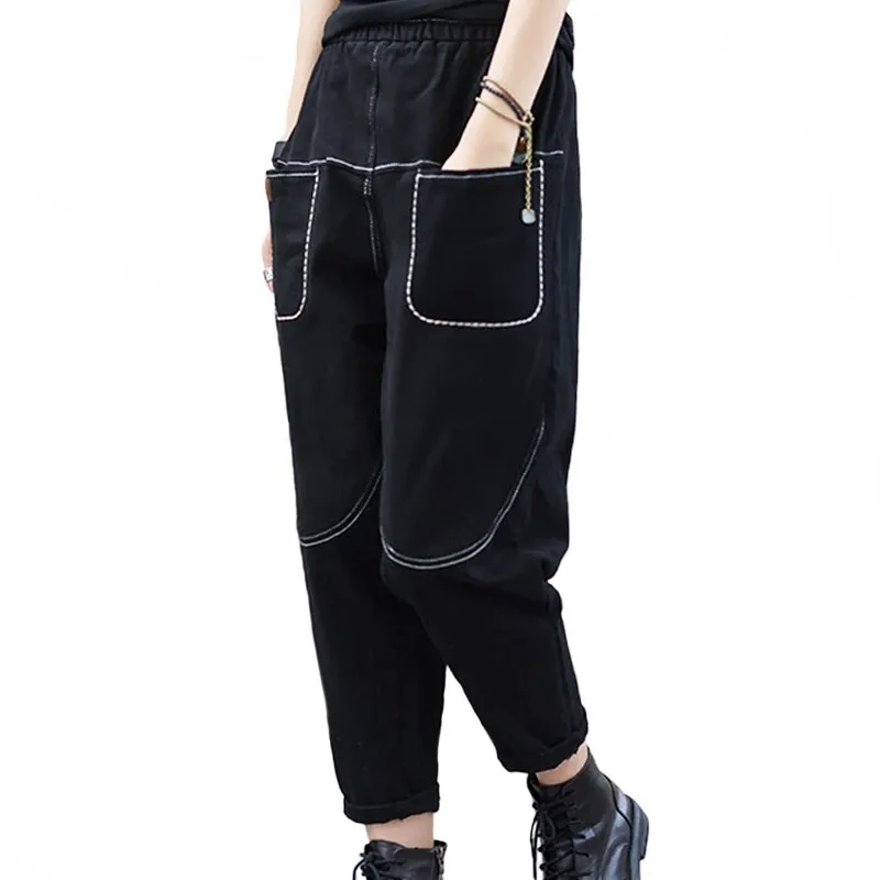 

LIMINDSPCXQQ Korean Black Loose Casual Harem Pants 2021 Autumn Fashion Women Elastic Vintage Trousers Female Solid Pantaloons