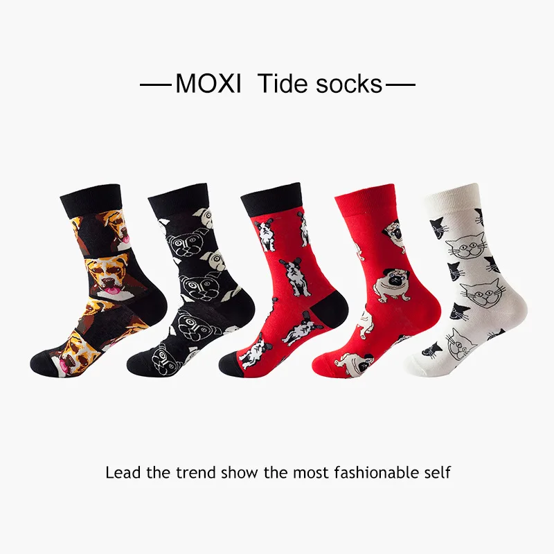

5Pairs Cotton Men Women Art Sock Print Retro kitten cat puppy dog spring Autumn Winter Happy Cute Funny Socks drop shipping