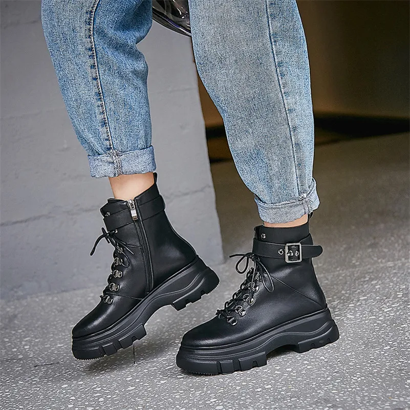 

Meotina Fall Motorcycle Boots Women Natural Genuine Leather Buckle Flat Platform Ankle Boots Zip Round Toe Shoes Lady Winter 39