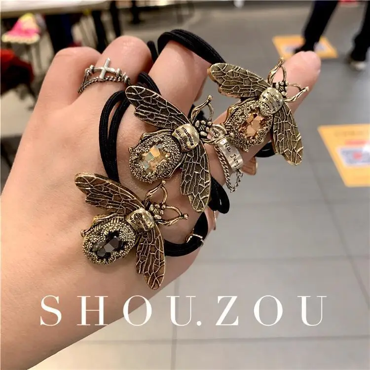 Bandas Elásticas Retro para el pelo de abeja para mujer, Accesorios elegantes con diamantes de imitación de cristal para la cabeza, Coleta, lazo para el pelo femenino (0)