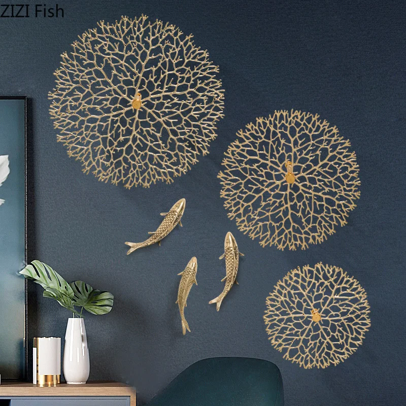 

Simplicity Wall Decoration Lucky Coral Carp Lotus Leaf Hang Ornaments Copper Pendant Backdrop Display American Rustic Home Decor