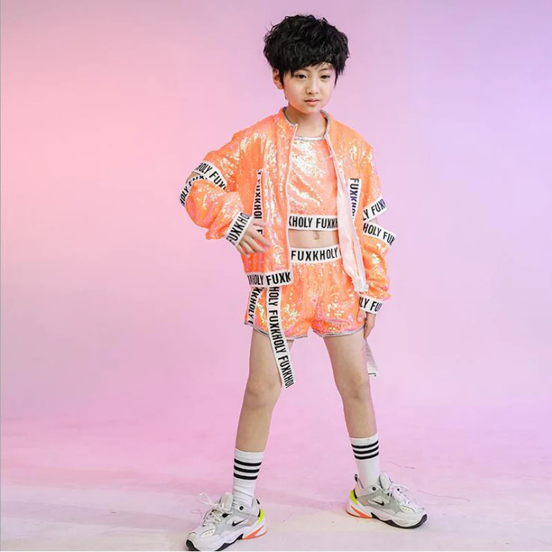 Детская танцевальная одежда с блестками в стиле хип-хоп Оранжевая Куртка топ