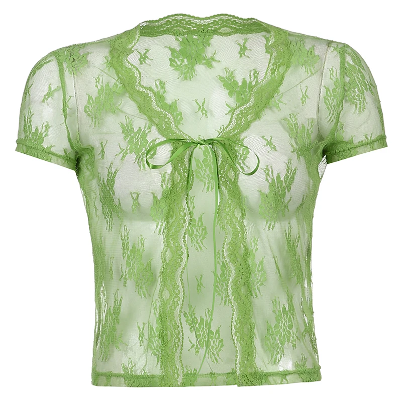 

Floral Green Y2k Lace Crop Top For Girls Summer Short Sleeve Women's T-Shirt Sexy See Through Tee Shirt Harajuku Female Clothing