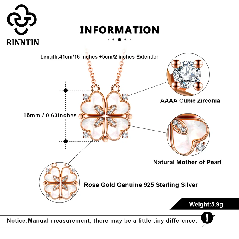 

Rinntin Pure 925 Sterling Silver Rose Gold Folding Four Clover Pendant Heart Necklaces for Girls Sweet Valentines Day Gift EQN24