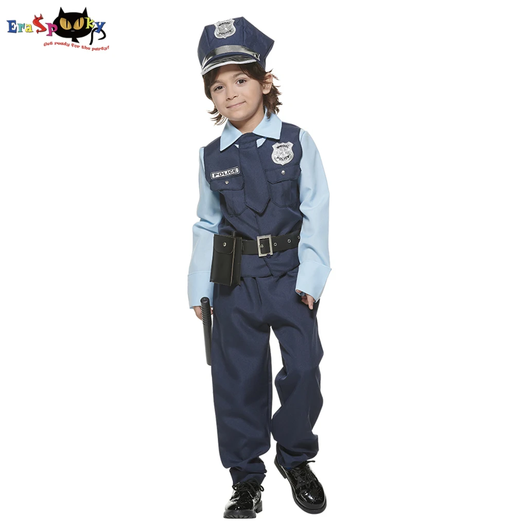 Eraspooky Police Costume For Kids Cop Officer Tween Boys Fancy Dress Police Costume FBI Uniform Cosplay Halloween Costume 2021