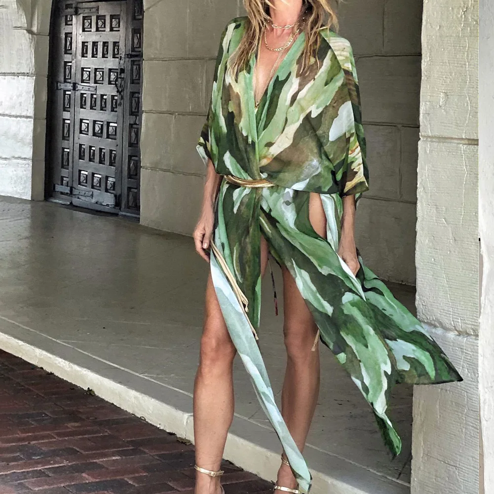 

Boho Print Chiffon Tunic Long Kimono Plus Size Sexy Beach Wear Summer Clothing For Women Tops and Blouses Shirts