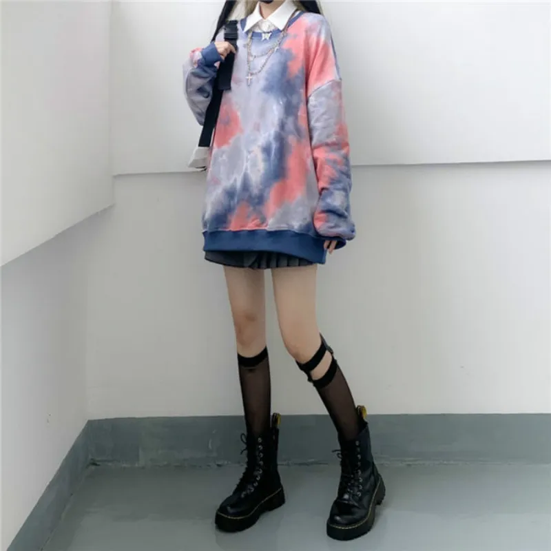 

2021 Spring Autumn Women Sweatshirt Long Sleeve Tie Dye Ladies Round Neck Short Loose Korean Style Sweatshirt Women Y181