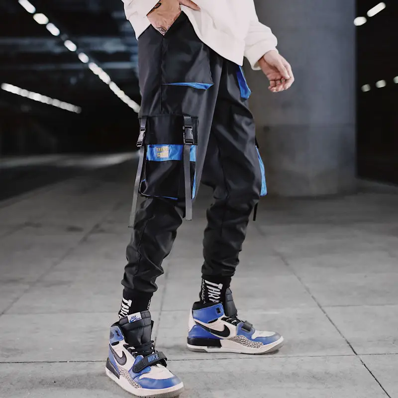 

Men spring autumn ribbons pockets patchwork cargo pants mens punk hip hop streetwear joggers casual sweatpants