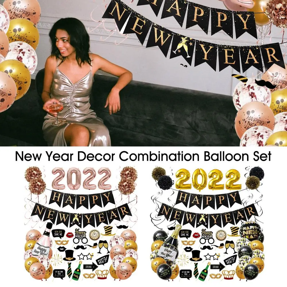 

2022 Happy New Year Kit New Year Balloon Decorations Including Golden Glittering New Year Flags 2022 Gold Foil Number Balloon