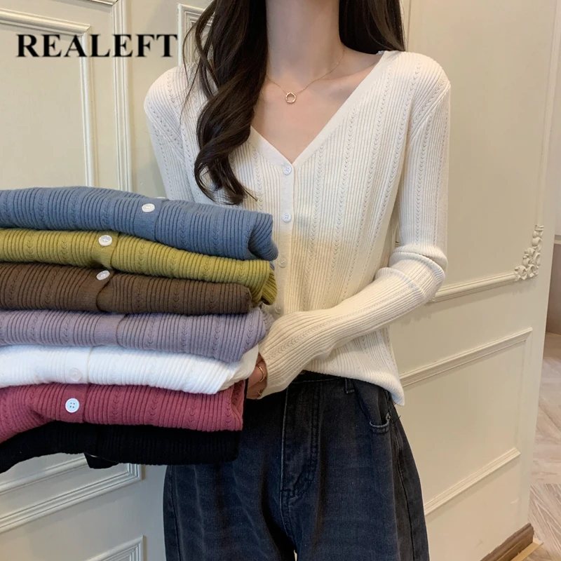 

REALEFT 2021 New Vintage Women's Sweater V-neck Autumn Solid Color Single Breasted Casual Loose Kint Wear Ladies Tops Female