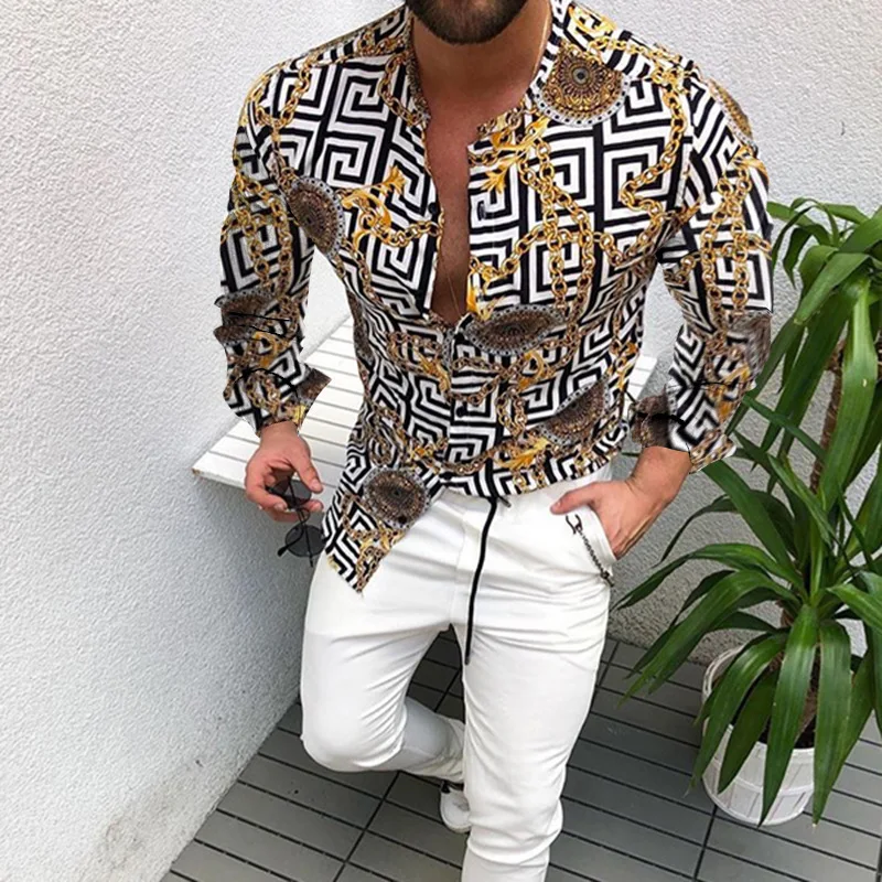 

Hot Sale 2021 European American Men's Clothing Casual Fashion Printed Shirt Single-Breasted Cardigan Long Sleeve Shirt Men