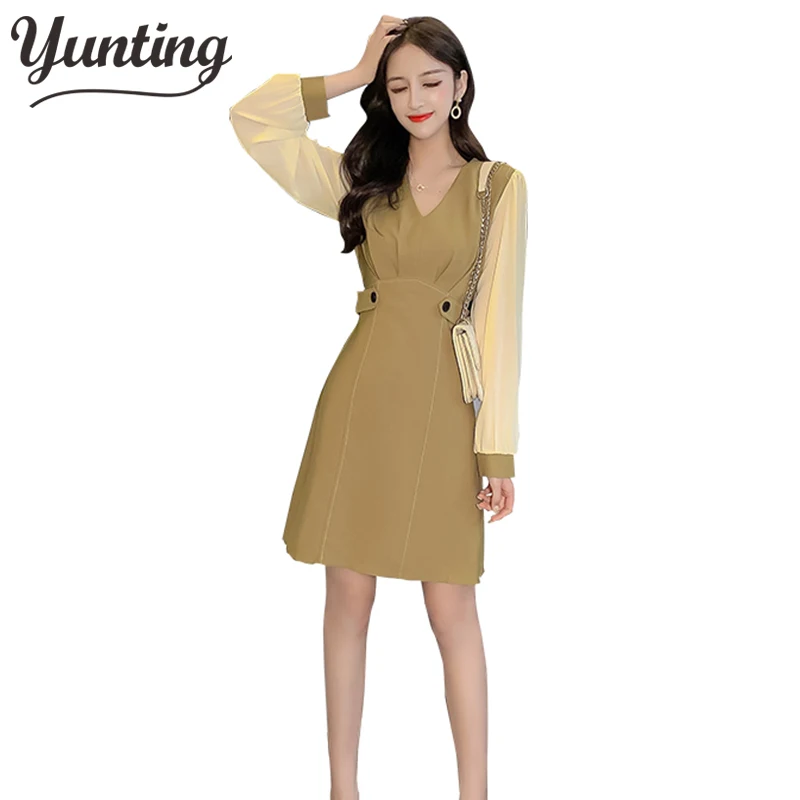 

2020 A-line Dress Women Sping Elegant Dresses France Style V- Neck Vestidos