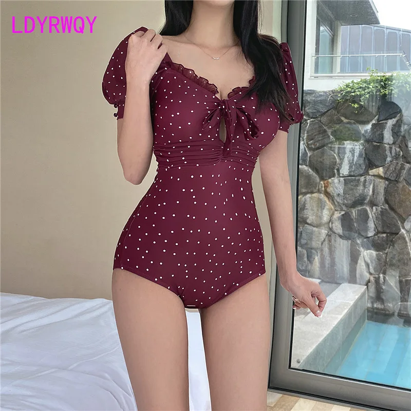 

LDYRWQY 2021 new French style retro bubble sleeve sexy open back high waist conservative one piece swimsuit for women bikini