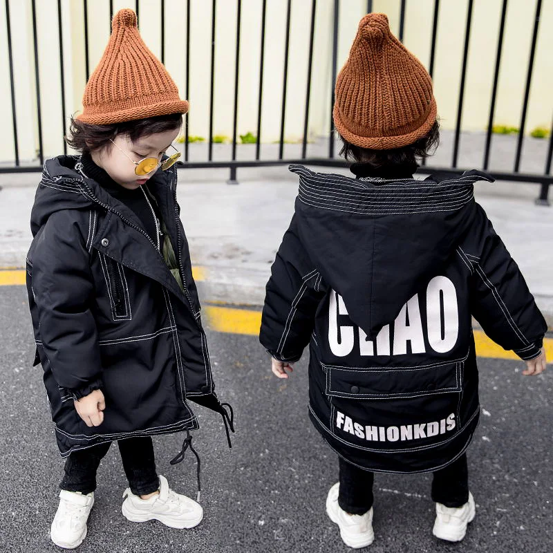 Children's clothing hooded letters long boy jacket autumn and winter new thick warm fashion personality cotton coat