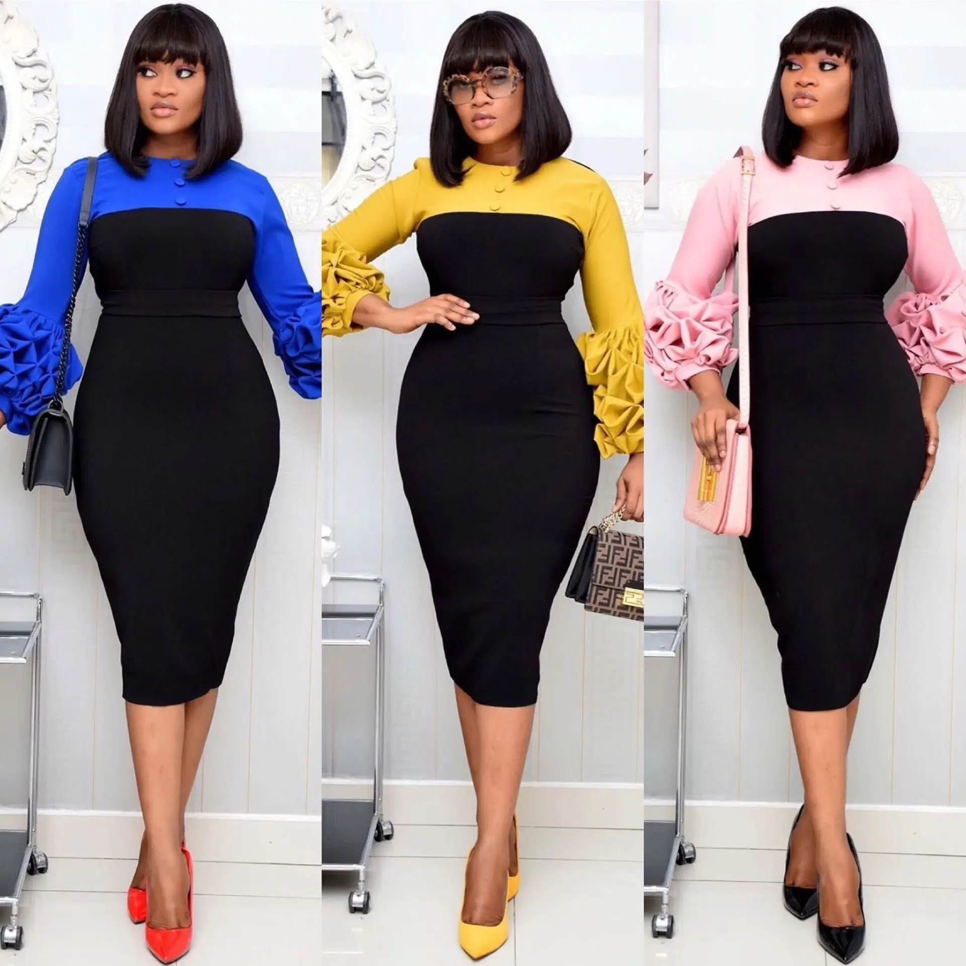

Autumn Temperament Bubble Sleeve Africa Large Size Skirt Office Lady Elegant Patchwork Colors Pencil Daily Ritual Prom Dresses