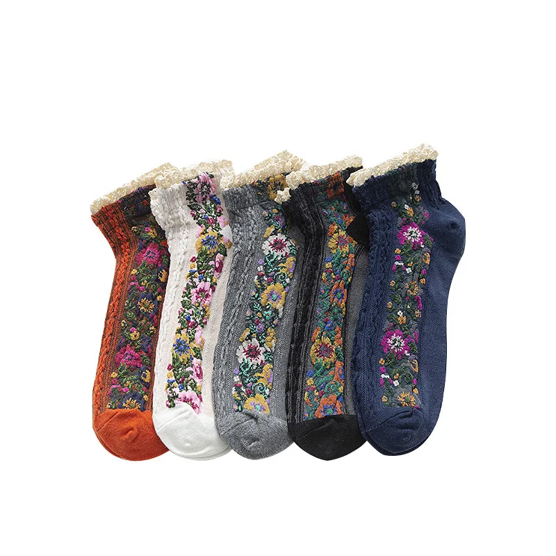 

Spring and summer new rain boots highend lace cotton retro women's socks small floral boat socks women's spring and summer socks