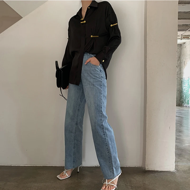 

ECRURANI Casual Black Shirt For Women Lapel Long Sleeve Designer Loose Temperament Shirts Female New Clothing 2021 Spring Tide