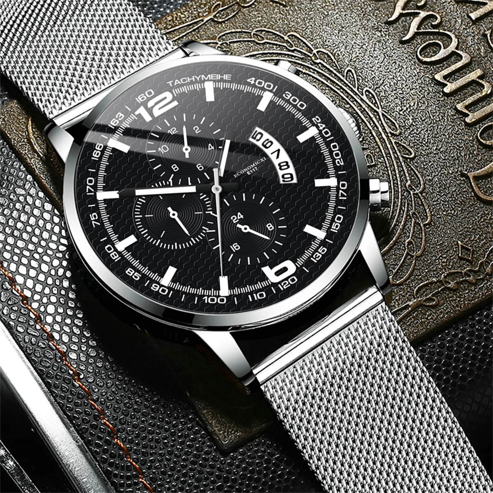 

Fashion Cool Quartz WristWatch Unique Digital Literal Multi Layer Dial Ultra-thin Mesh Band Men Quartz Mesh Belt Watch
