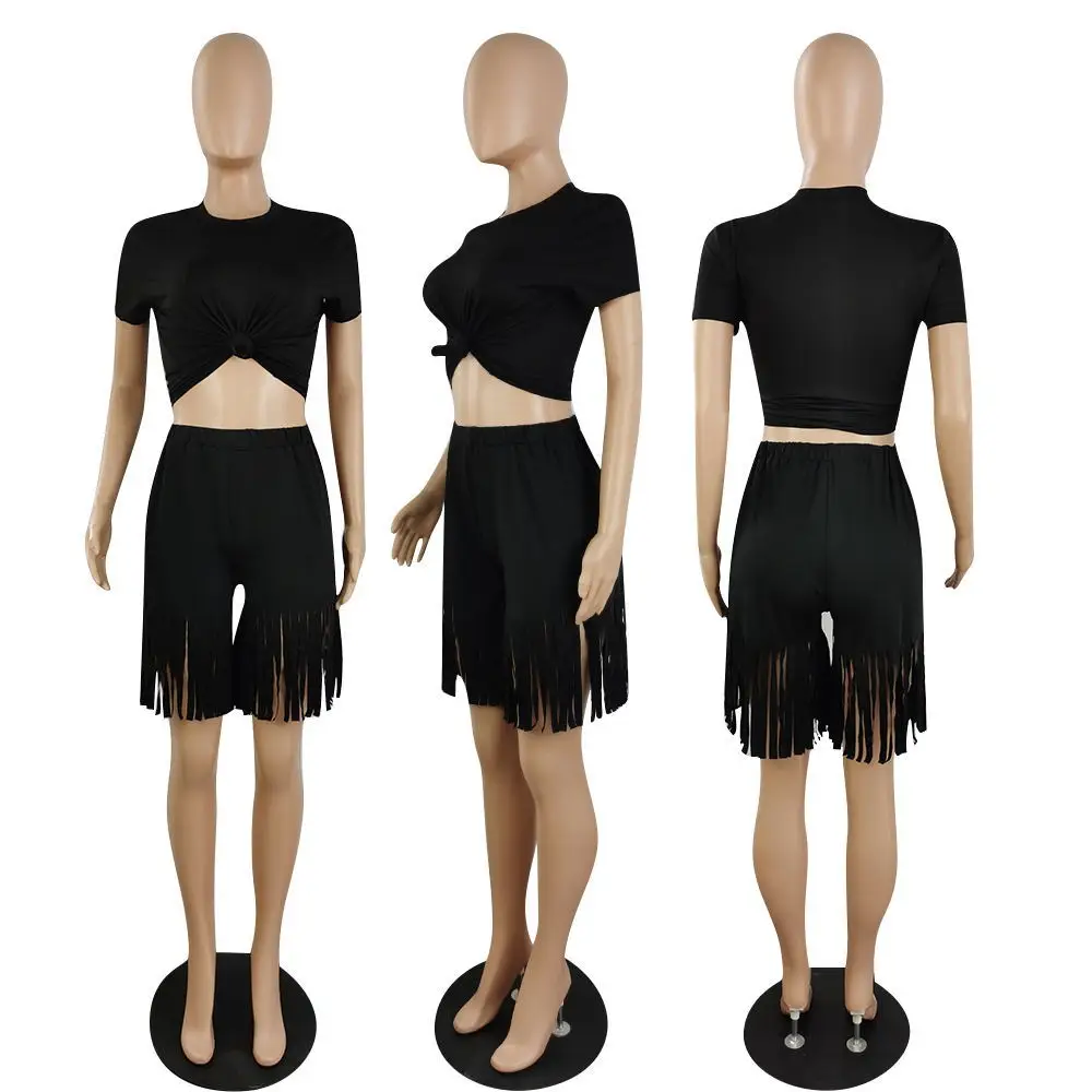 

Fringed Shorts Two-Piece Suit Plus Size Women's Solid Color Short-sleeved T-Shirt + Shorts Fashion Casual Shorts Suit 2021 New
