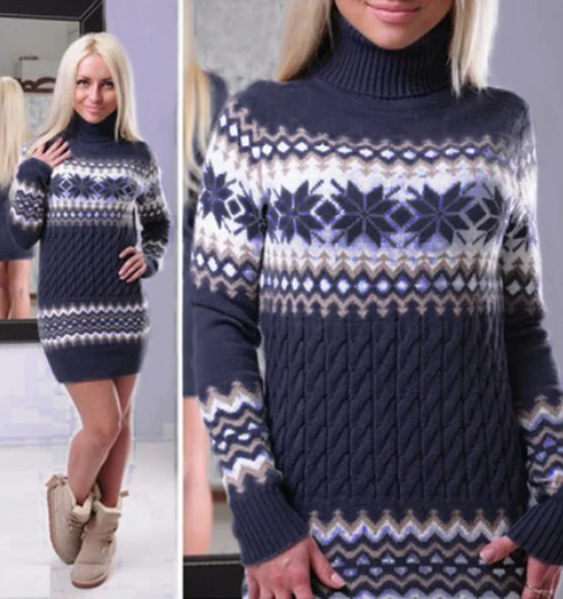 ZOGAA Long Sweater Women 2019 Winter Turtleneck Knitted Christmas Turn-down Collar Printed Pullovers Female Jumpers | Женская одежда