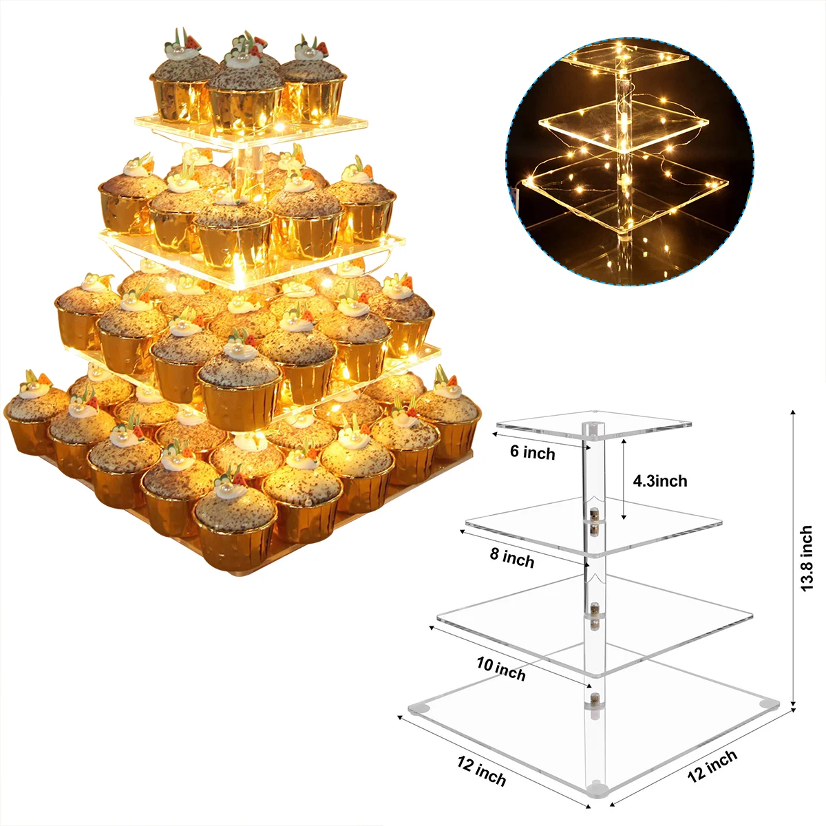 Квадратная подставка для кексов 4-уровневая акриловая торта десерта дерева башни