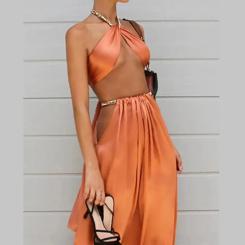 

Женский летний сексуальный комплект из двух предметов, однотонные платья на бретелях-спагетти с открытой спиной и укороченным топом с мета...