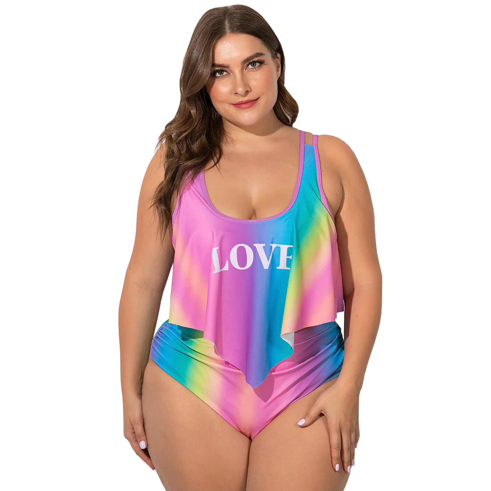 Для женщин кроп топ с оборками и градиентной радужной расцветки размера плюс