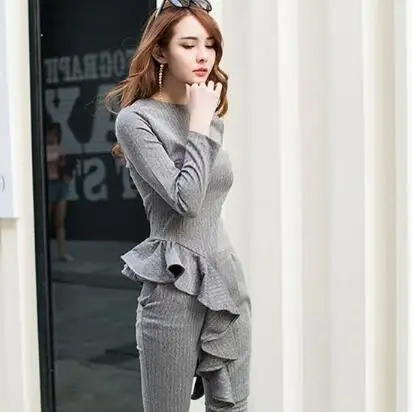 2 Pieces Set 2019 Autumn Office Gray Suits For Women Long Sleeve Ruffles Tops and Nine Pants Suit Vestidos Work Wear Sets AF444 | Женская