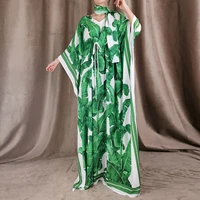 plus size autumn new womens casual party streamer green leaf print drawstring waist vintage chic bohemian loose long dress