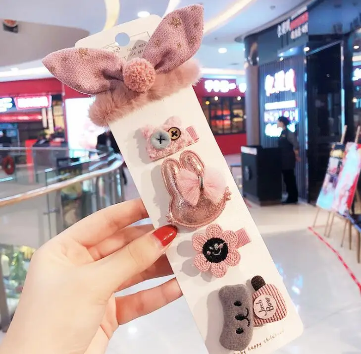 

New 5Pcs/Set Girls Cute Cartoon Fruit Flower Hair Clips Children Baby Knitting Plush Soft Hairpins Kids Hair Accessories